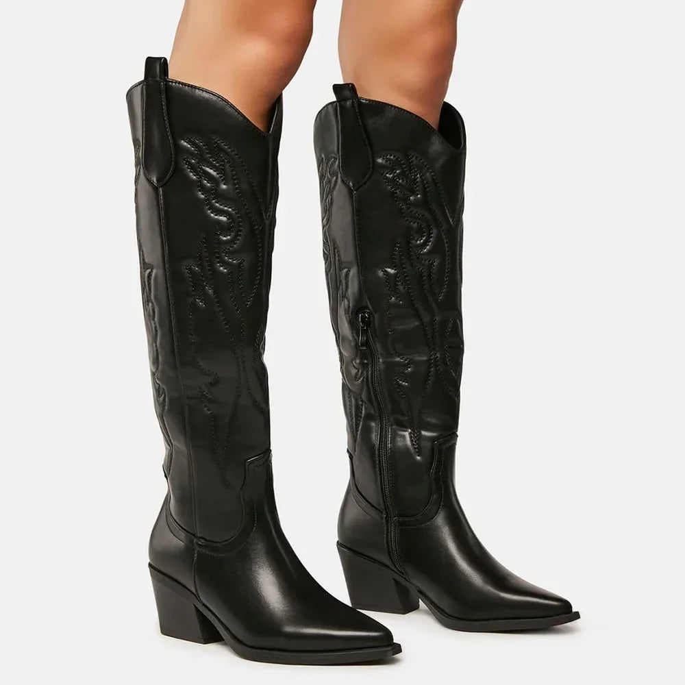 Black knee high cowboy boots for women with zip-up closure