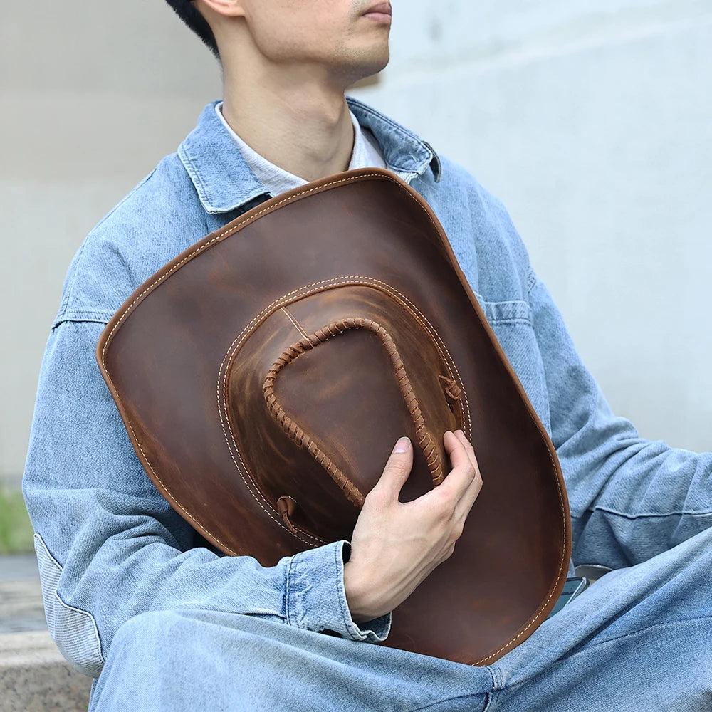 Close-up of premium leather texture and detailing on Cowboy Hat