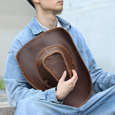 Close-up of premium leather texture and detailing on Cowboy Hat