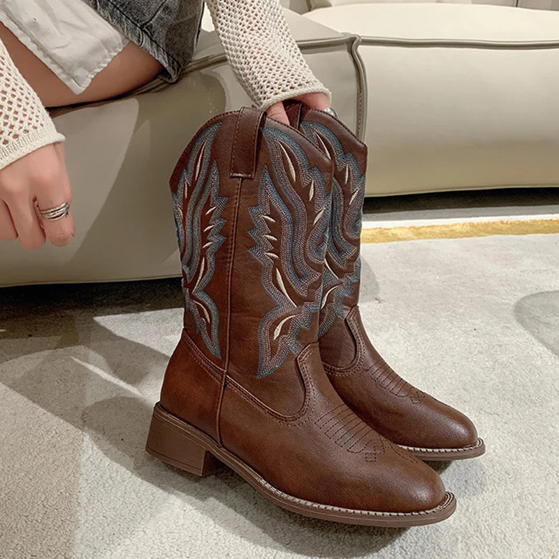 Embroidered Western Boots with Square Toe	