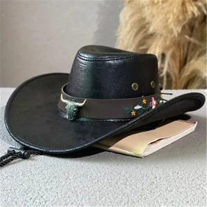 Front view of Faux Leather Western Cowboy Hat with cow head decoration