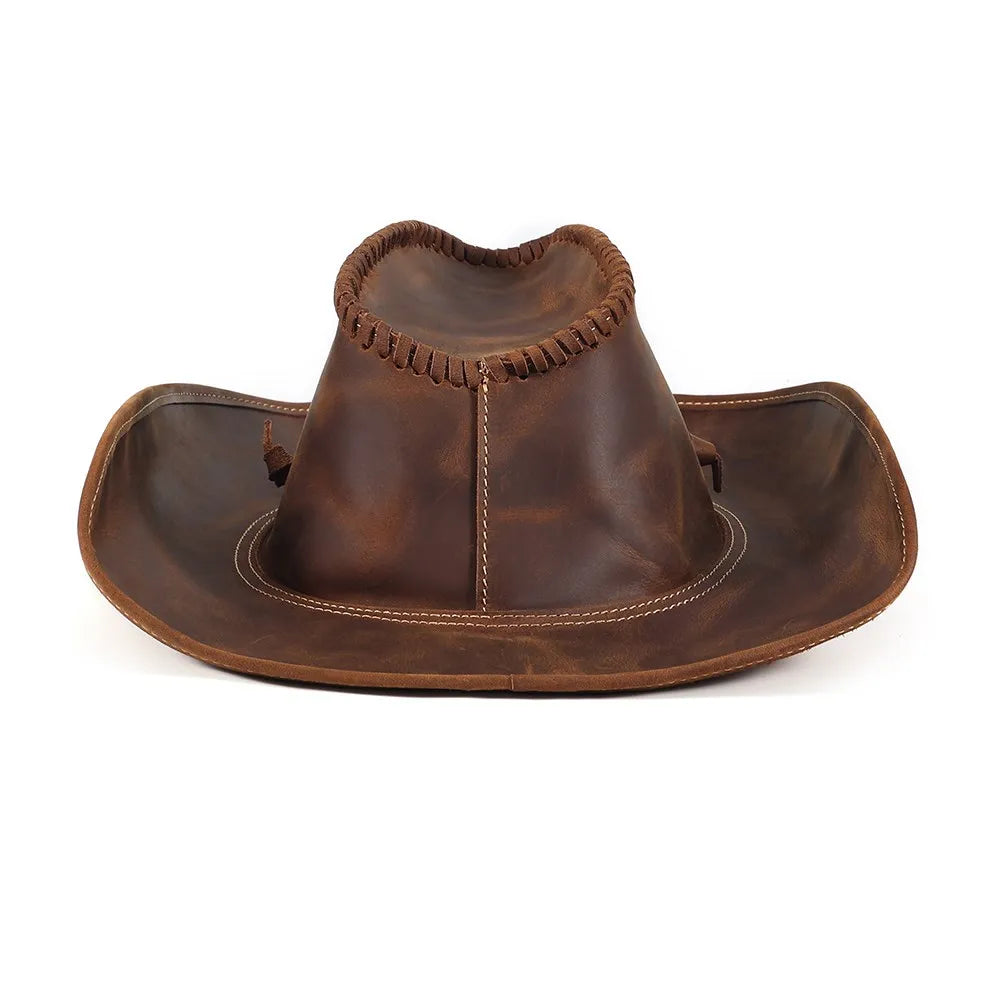 Profile view of Genuine Leather Outback Hat with distinctive character