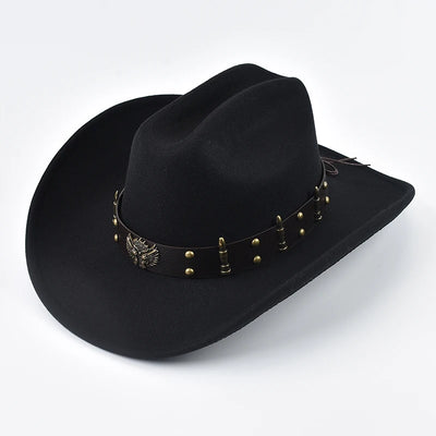 Front view of Western Cowboy Hat with distinctive leather accents