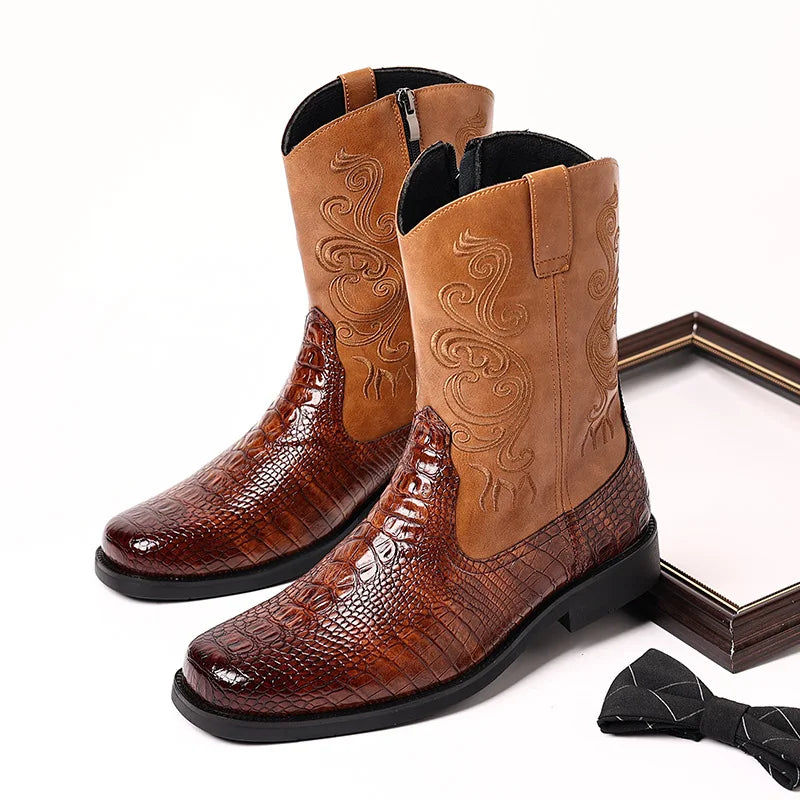 Men's British Style Mid-Calf Western Cowboy Boots Front View
