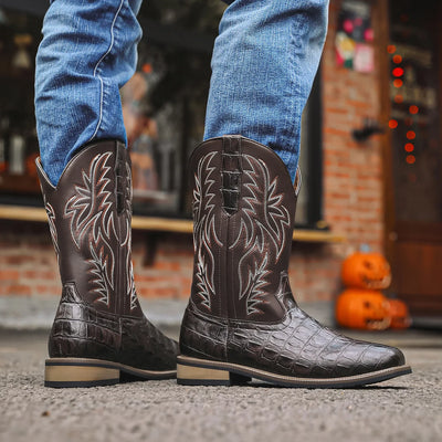 Mens Crocodile Pattern Cowboy Boots Full Length View