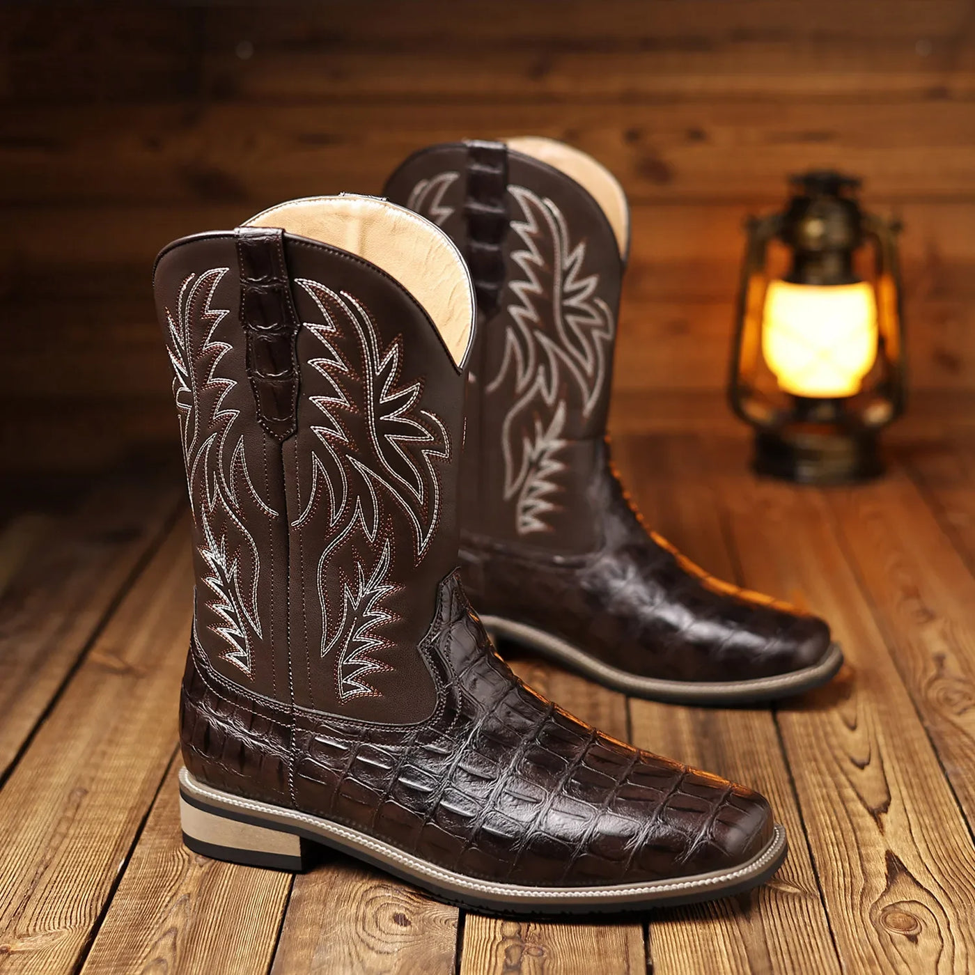 Mens Western Cowboy Boots with Crocodile Pattern Square Toe