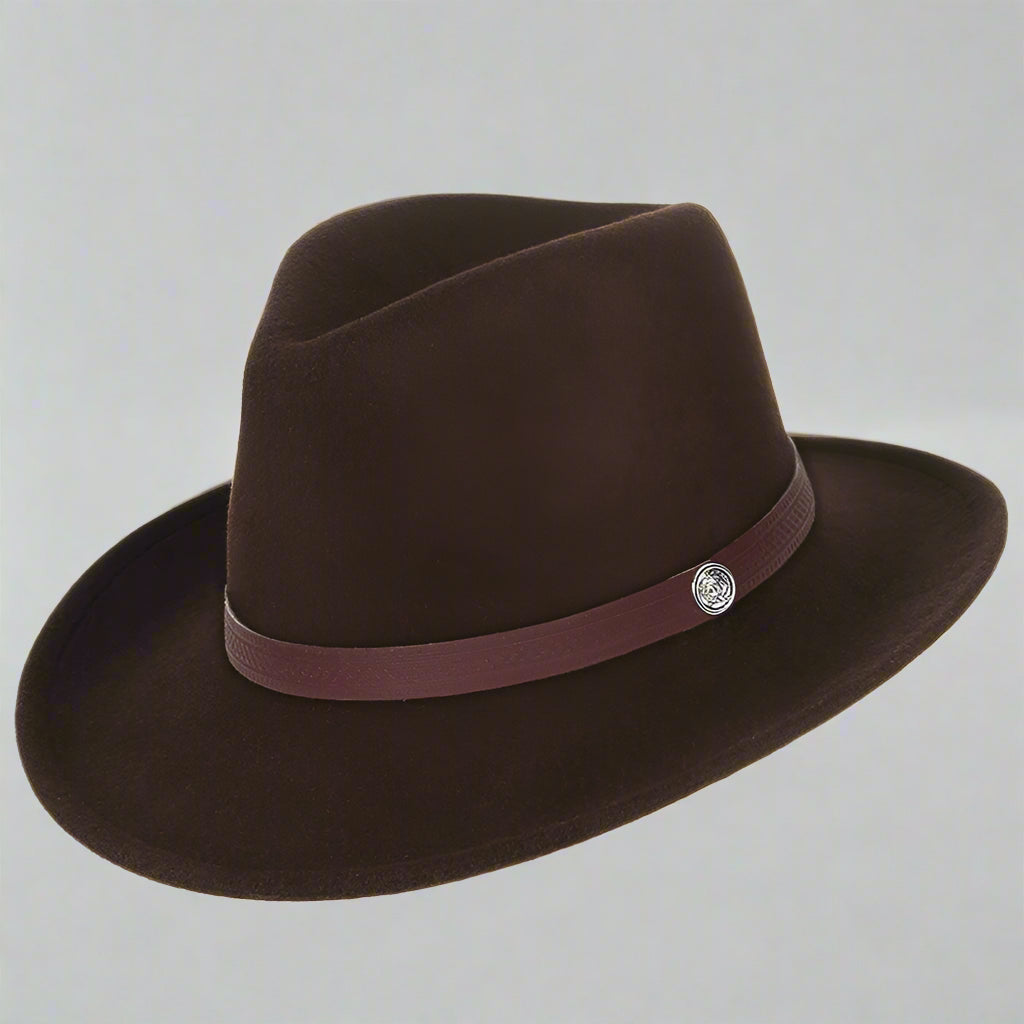 Front view of Fashion Fedora Western Cowboy Hat with distinctive metal decoration