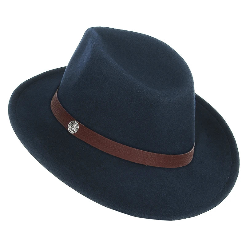 Close-up of signature metal piece decoration detail on premium Fedora