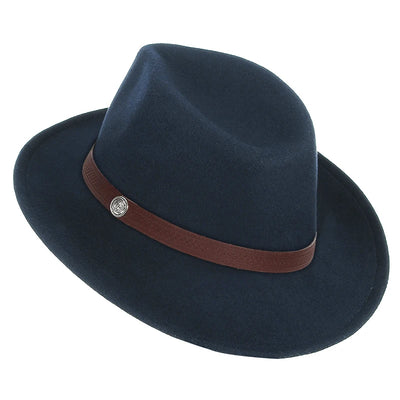 Close-up of signature metal piece decoration detail on premium Fedora