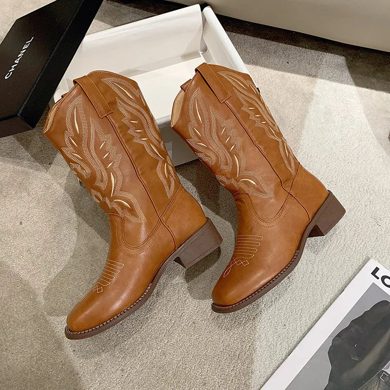 Mid-Calf Leather Cowboy Boots for Autumn	