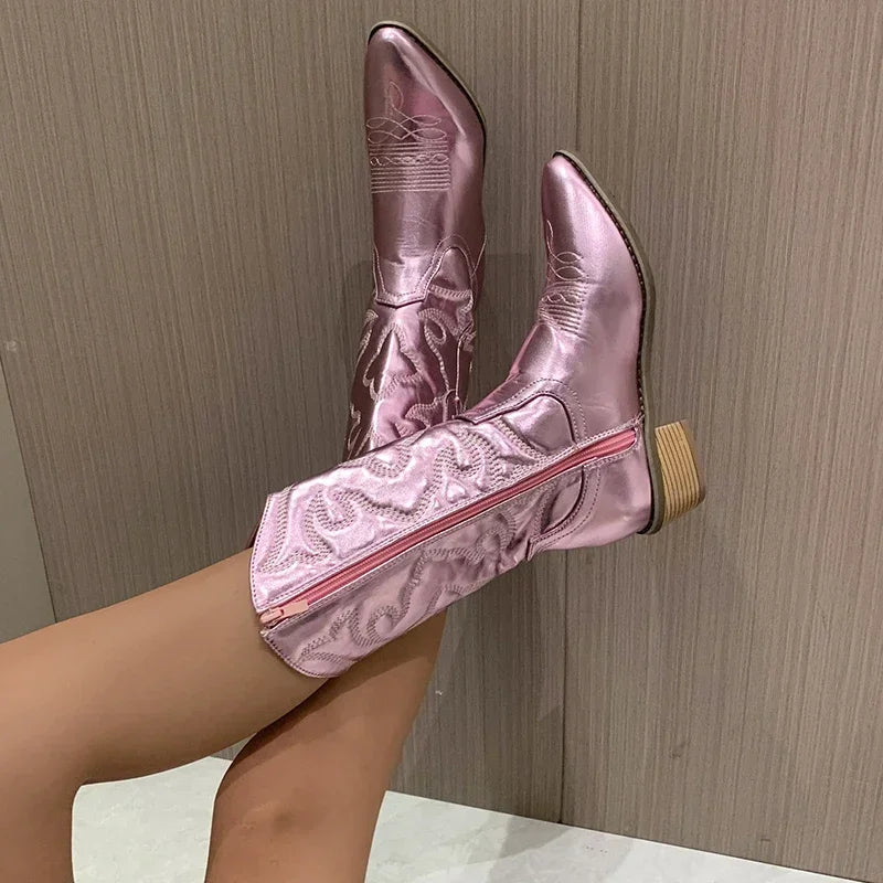pink Western Cowboy Boots for Women – Stylish Mid-Calf Design 