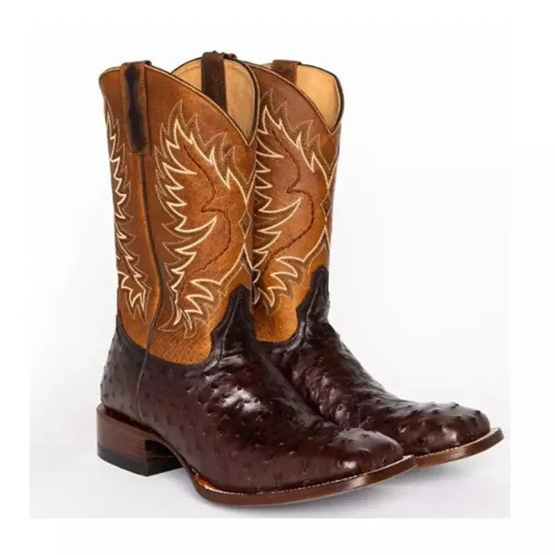 Pointed toe mid-calf cowboy boots showing slip-on design