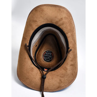 Detail of genuine leather quality and craftsmanship on Western Hat