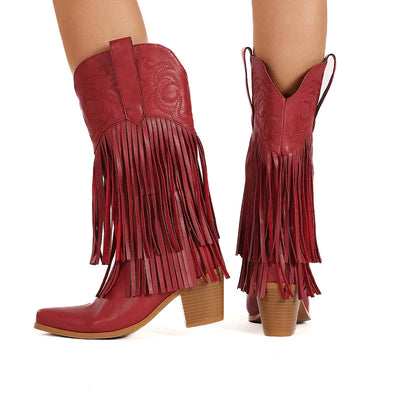 White cowboy boots, slip-on, fringe tassel detail
