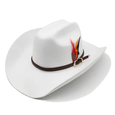 Front view of Retro Feather Yellowstone Cowboy Hat with wide brim design