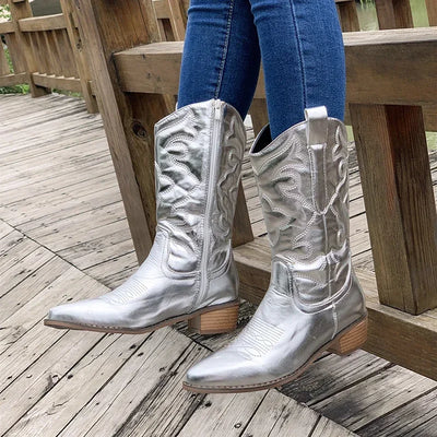 Silver Retro Cowboy Boots with Pointed Toe & Hoof Heel