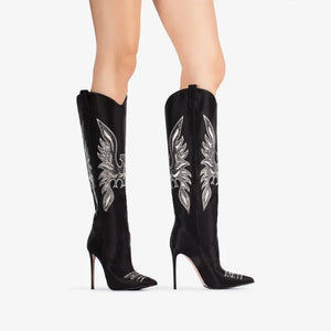 Western Denim Knee-High Boots with Embroidery	