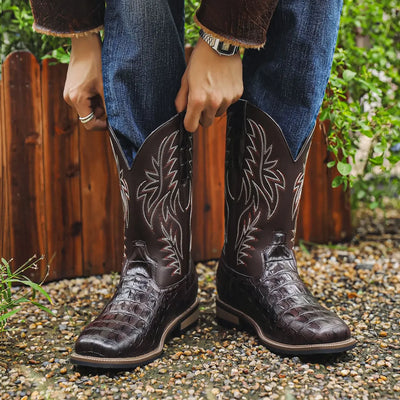 Western Slip On Cowboy Boots Square Toe Detail