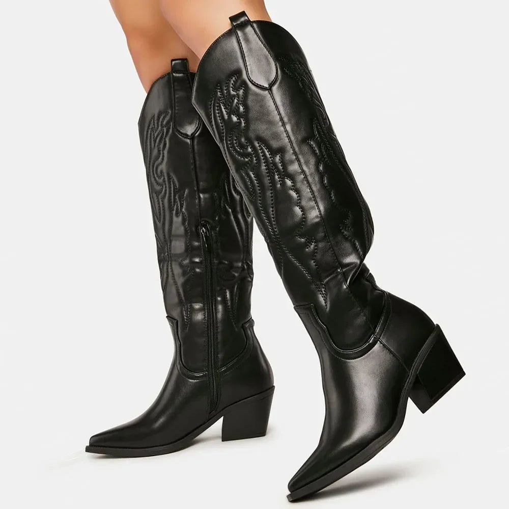 Women's black knee high western cowboy boots with pointed toe and embroidery