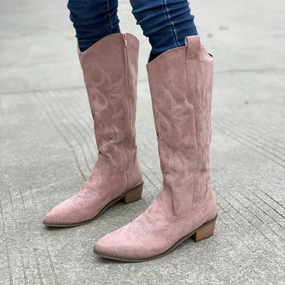 Women's pink cowboy boots with chunky heel and pointed toe